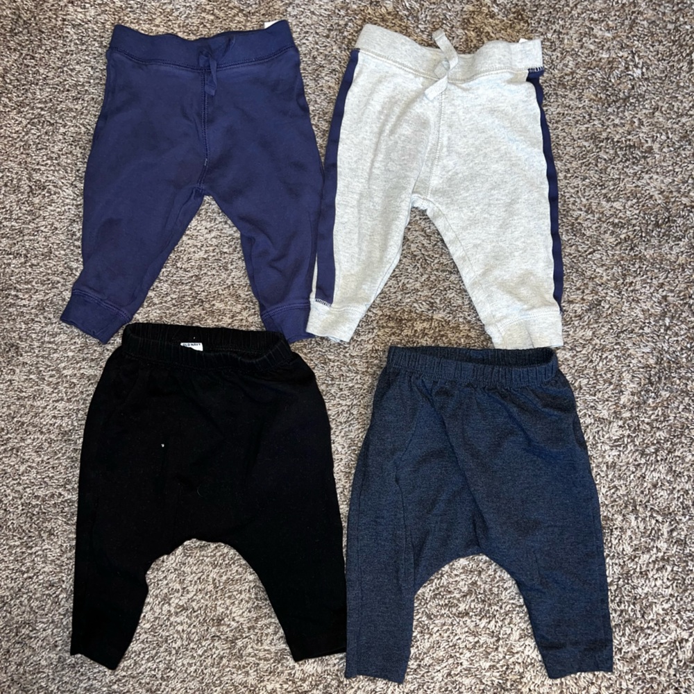 Joggers, 4pair (2 old navy, 2 bundles baby place), 3-6 months, navy, black, gray
